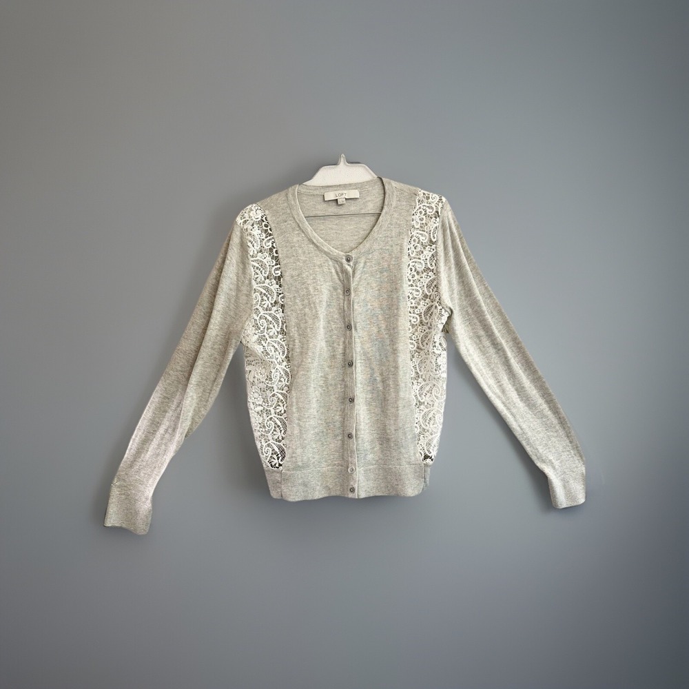 Ann Taylor Loft Women's Gray‎ With White Lace Cardigan Sweater Size XS